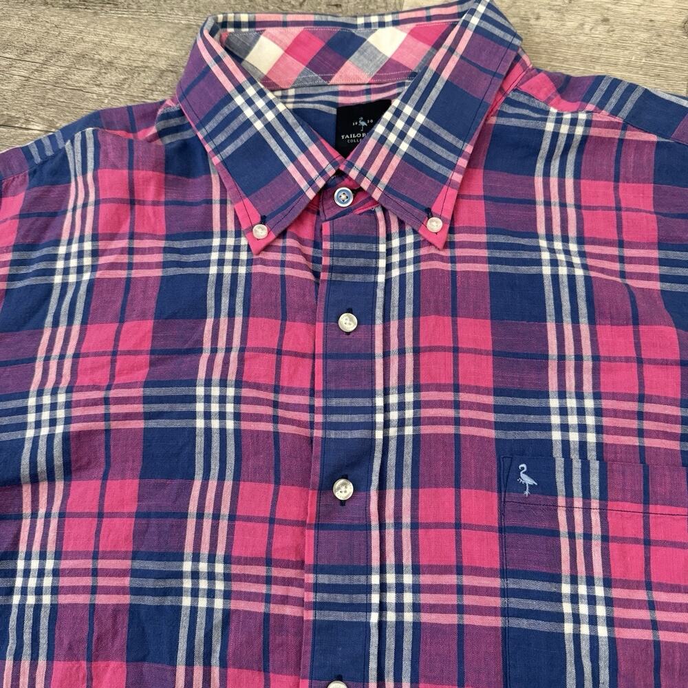 Tailorbyrd Madras Shirt Mens Sz 2XL Pink Blue Plaid Short Sleeve Pocket Logo